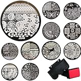 Bodhi2000 10 Pcs Nail Art Templates + 1 Stamper + 1 Scraper Stamping Kits Round Metal Plates DIY Nail Tools, Random Patterns