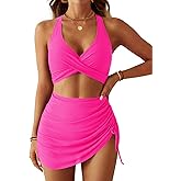 CiCiBird Women's High Waisted Bikini Set Tummy Control Mesh Swim Skirt Twist Front Two Piece Swimsuits