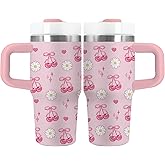 xiiai Cherry Bow Gifts for Girls - 14oz Kids Tumbler with Handle and Straw, Stainless Steel Insulated Water Cup, for Sport, School, Travel - Pink Bow Cherry Themed Children Birthday Gift Cup(1pc)