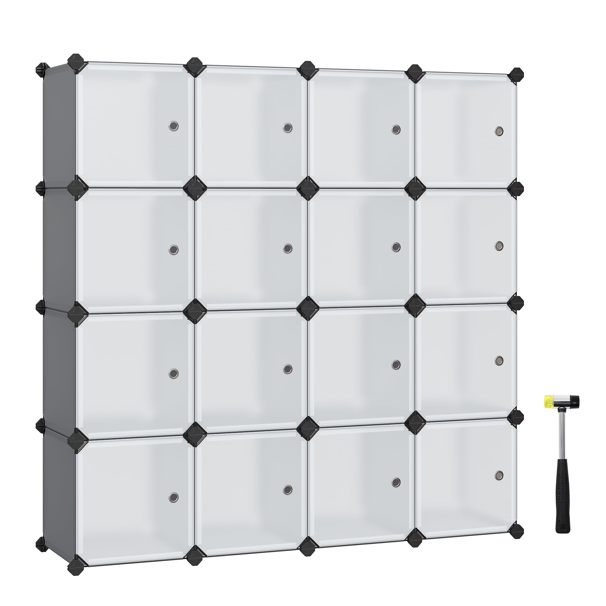 SONGMICS 16-Cube Storage Unit, Shoe Rack, Stackable Cubes, Plastic Closet Cabinet, Wardrobe, with Doors, for Bedroom, Office, Easy to Assemble, Grey LPC443G01
