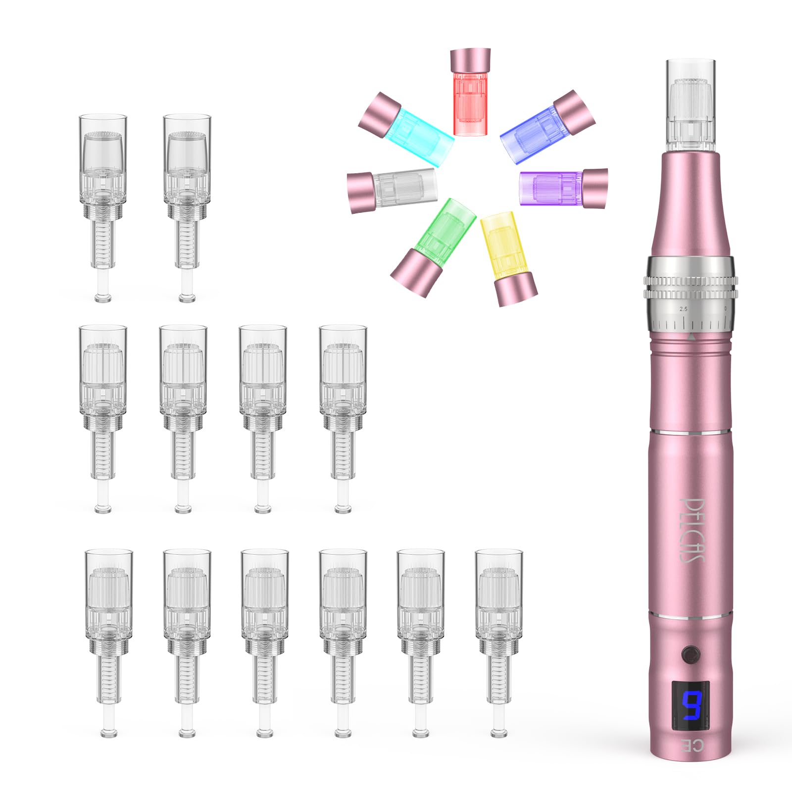 Microneedling Pen 7 Colours of Light, PELCAS 9-Speeds Professional Dermapen Type-C Rechargeable Derma Pen with LCD Screen with 12 Pcs Cartridges Skin Care Tool Kit for Face and Body