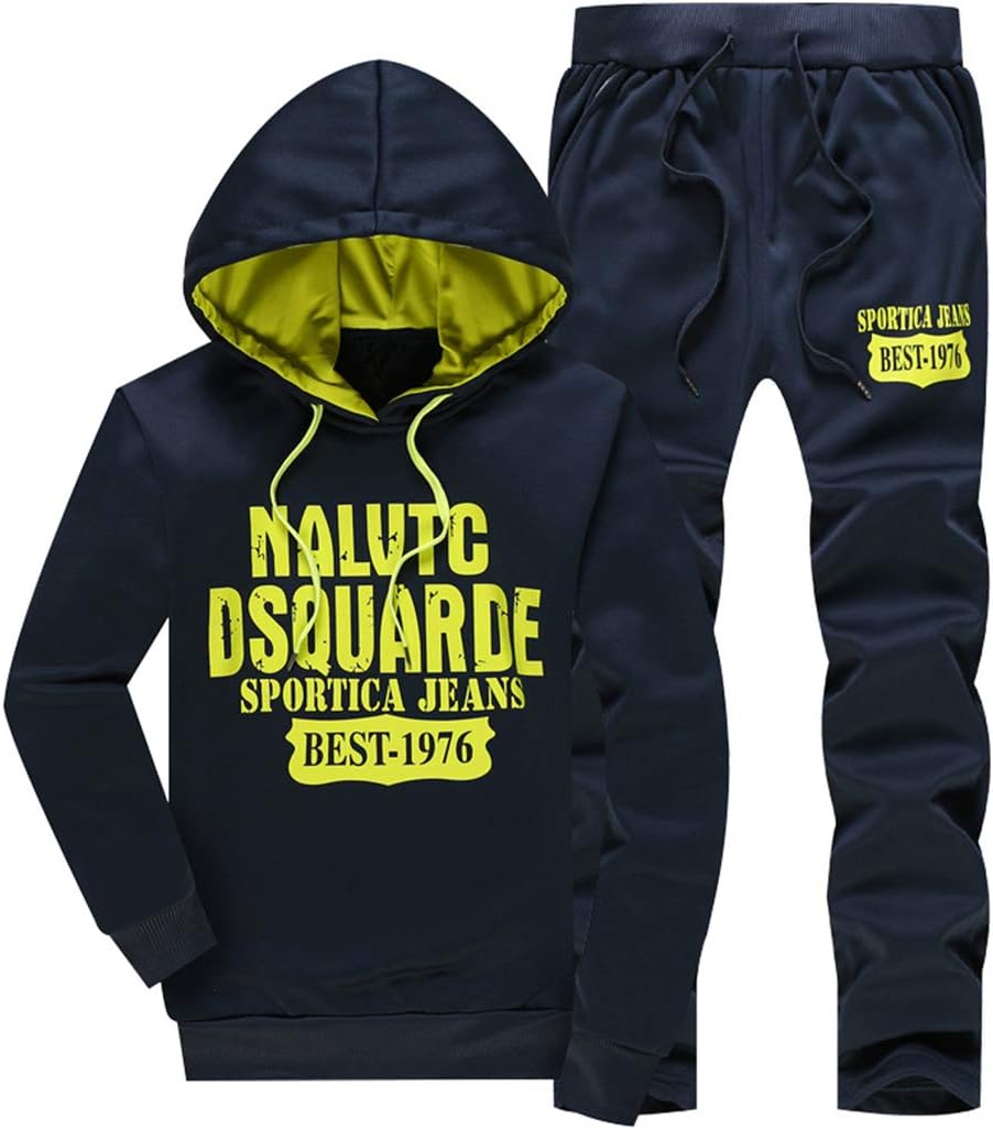 Men's Casual 2 Piece Outfits Long Sleeve Hooded Sweater Top& Pants Jumpsuit Set