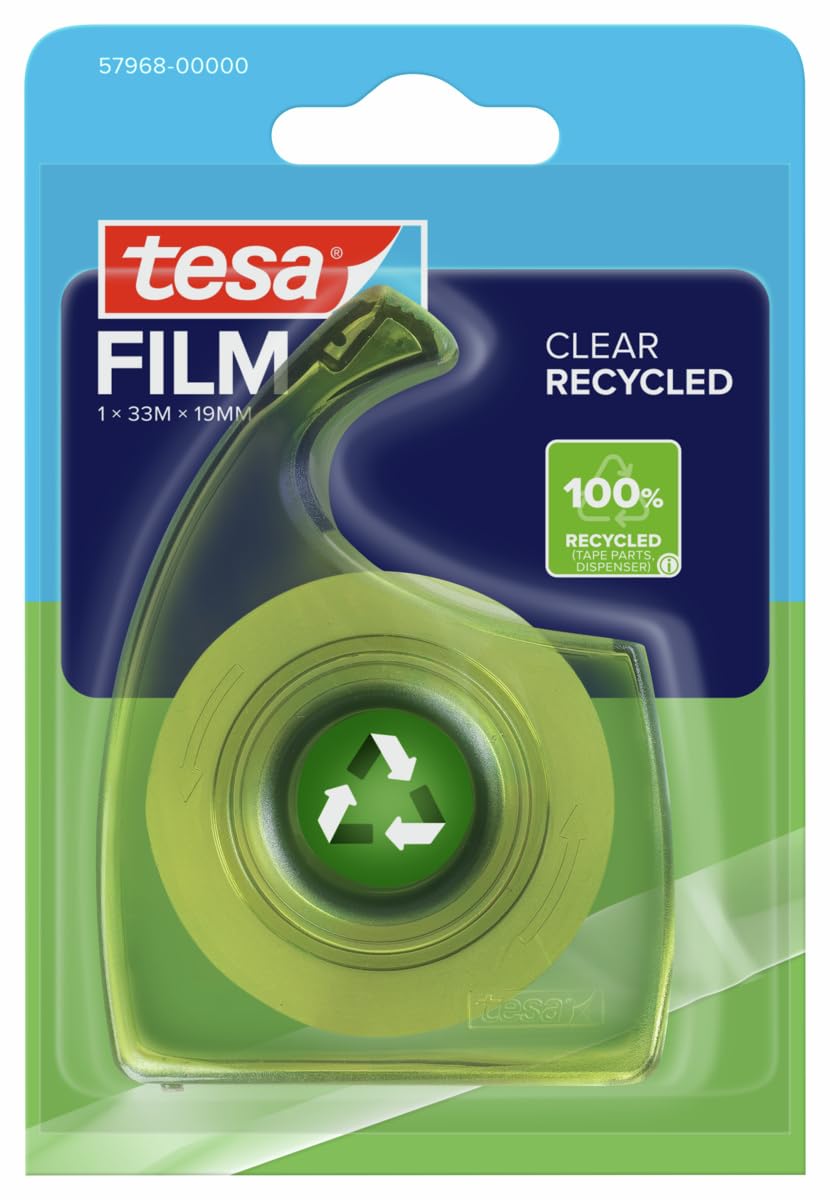 tesafilm CLEAR RECYCLED - transparent adhesive tape - 100% recycled plastic - tear-resistant - adhesive-strong, solvent-free and age-resistant - 1 roll á 33 m x 19 mm + hand dispenser - blister