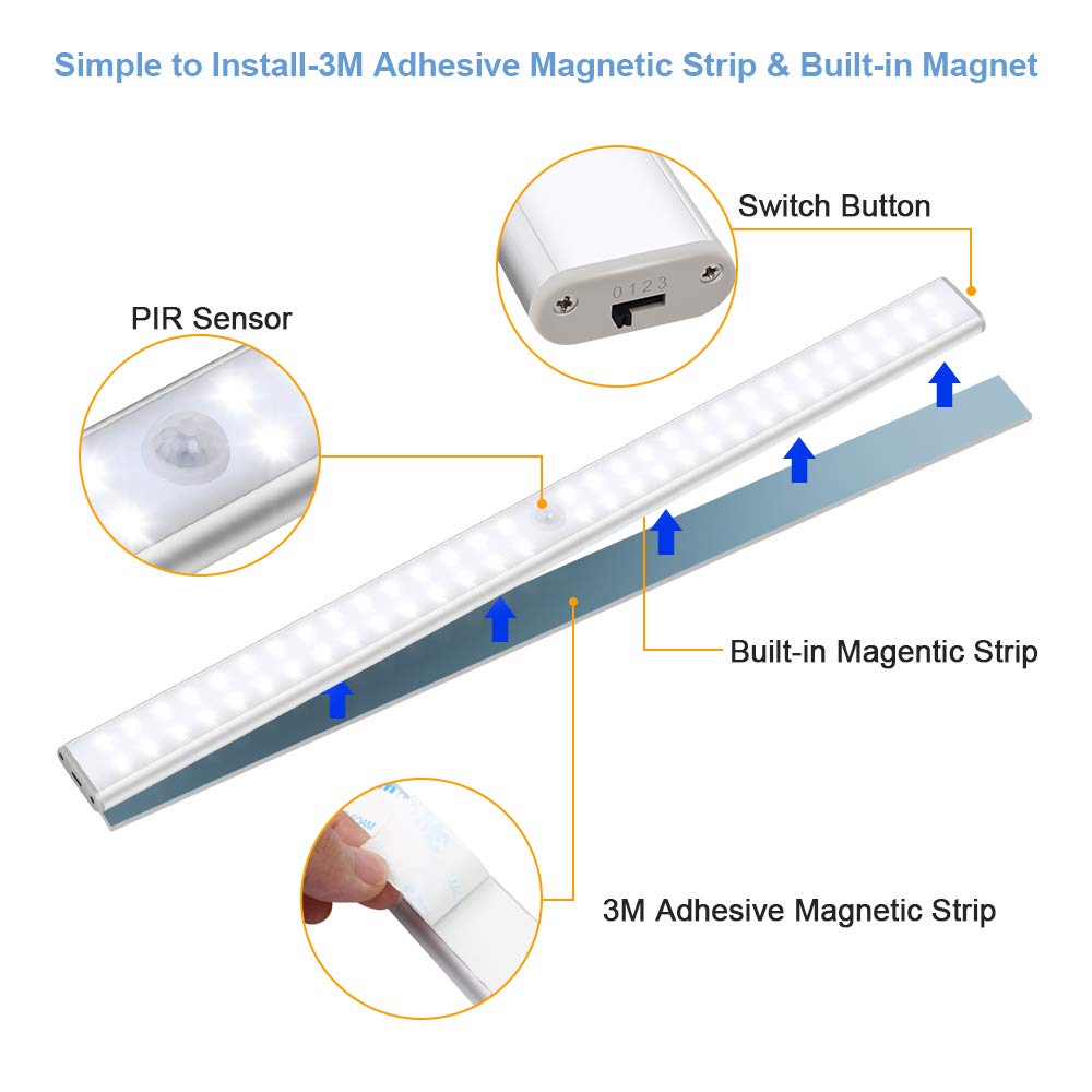 60 LED Under Cabinet Lights, USB Rechargeable Under Cabinet LED Lighting, Magnetic Removable Stick-On Anywhere Closet Lights for Closet, Cabinet, Wardrobe