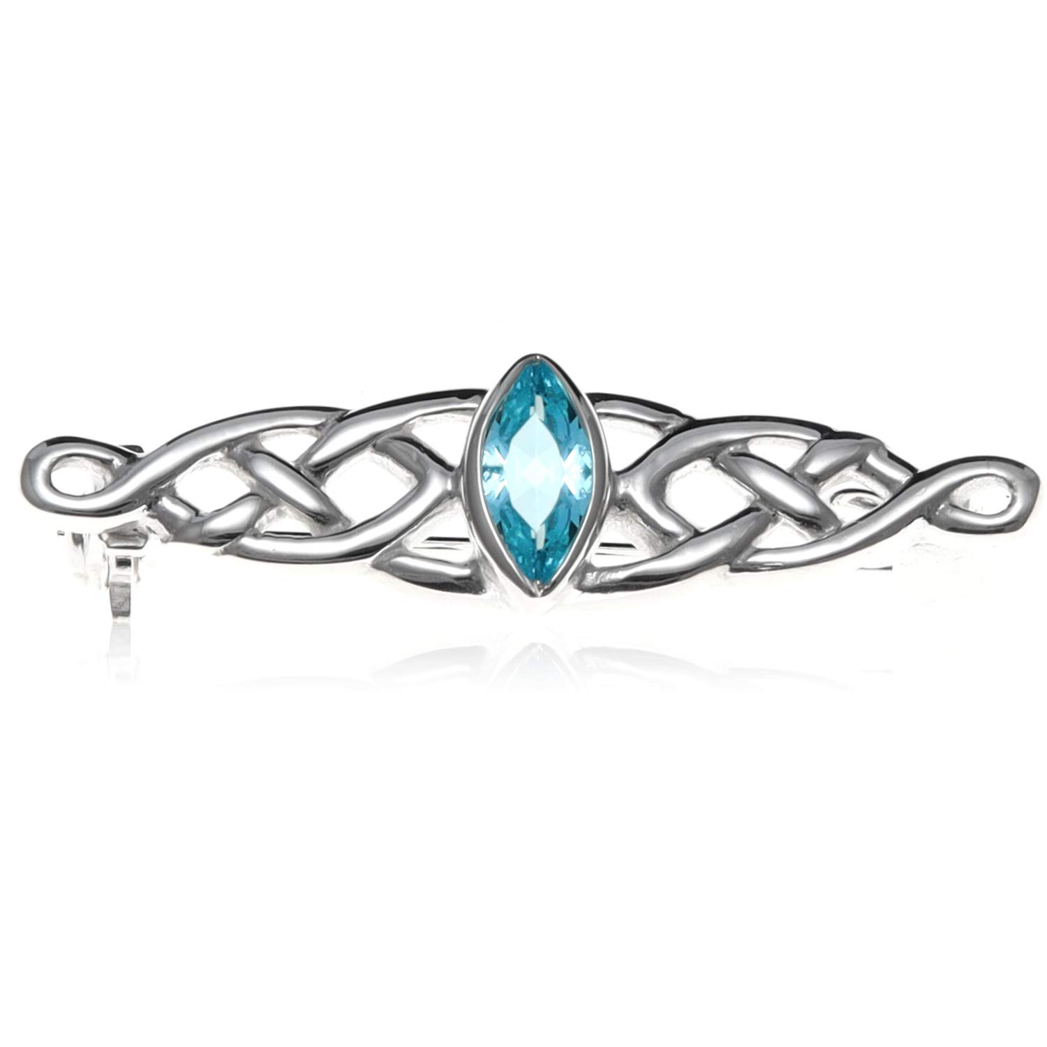 Alexander Castle 925 Sterling Silver Celtic Brooch for Women - Ladies Brooch Pin with Blue Cubic Zirconia & Jewellery Gift Box - 35mm