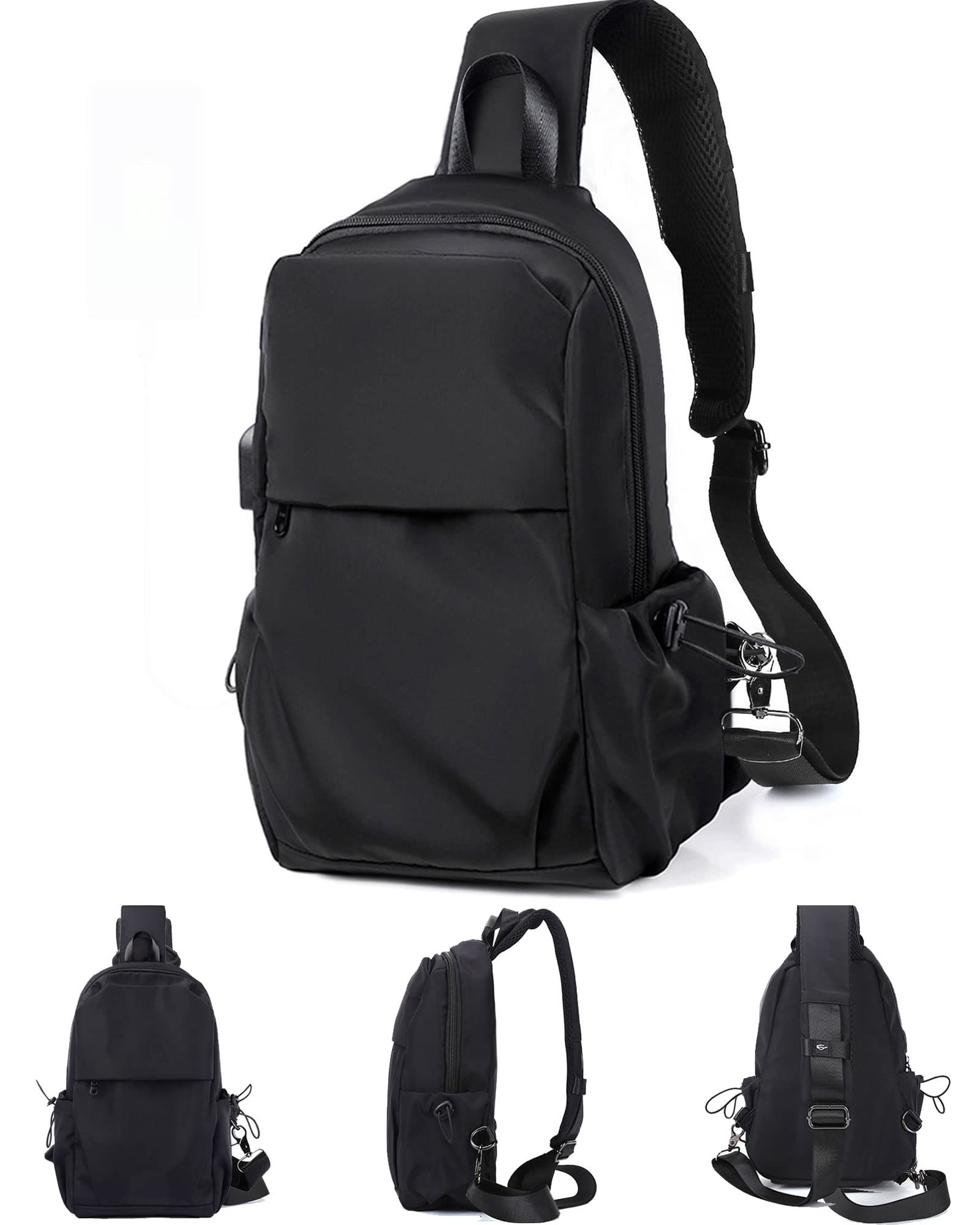 Small Black Sling Crossbody Backpack Shoulder Bag for Men Women, Lightweight One Strap Back Pack Sling Bag Backpack for Hiking Walking Biking Travel Cycling USB Charger Port-Nylon