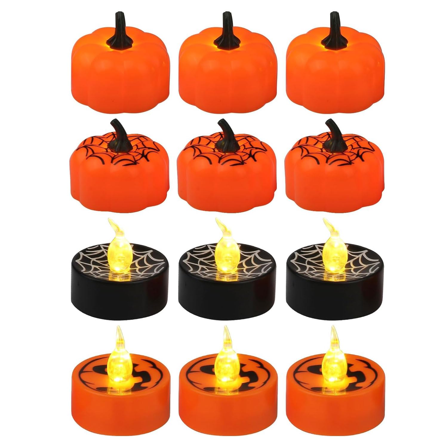 Lifreer 12PCS Halloween Pumpkin Tealights Candles LED Tea Light Flame Lamp Fireless Candles Lamp Pumpkin Spider Web Lights for Halloween Christmas Outdoor Decorations