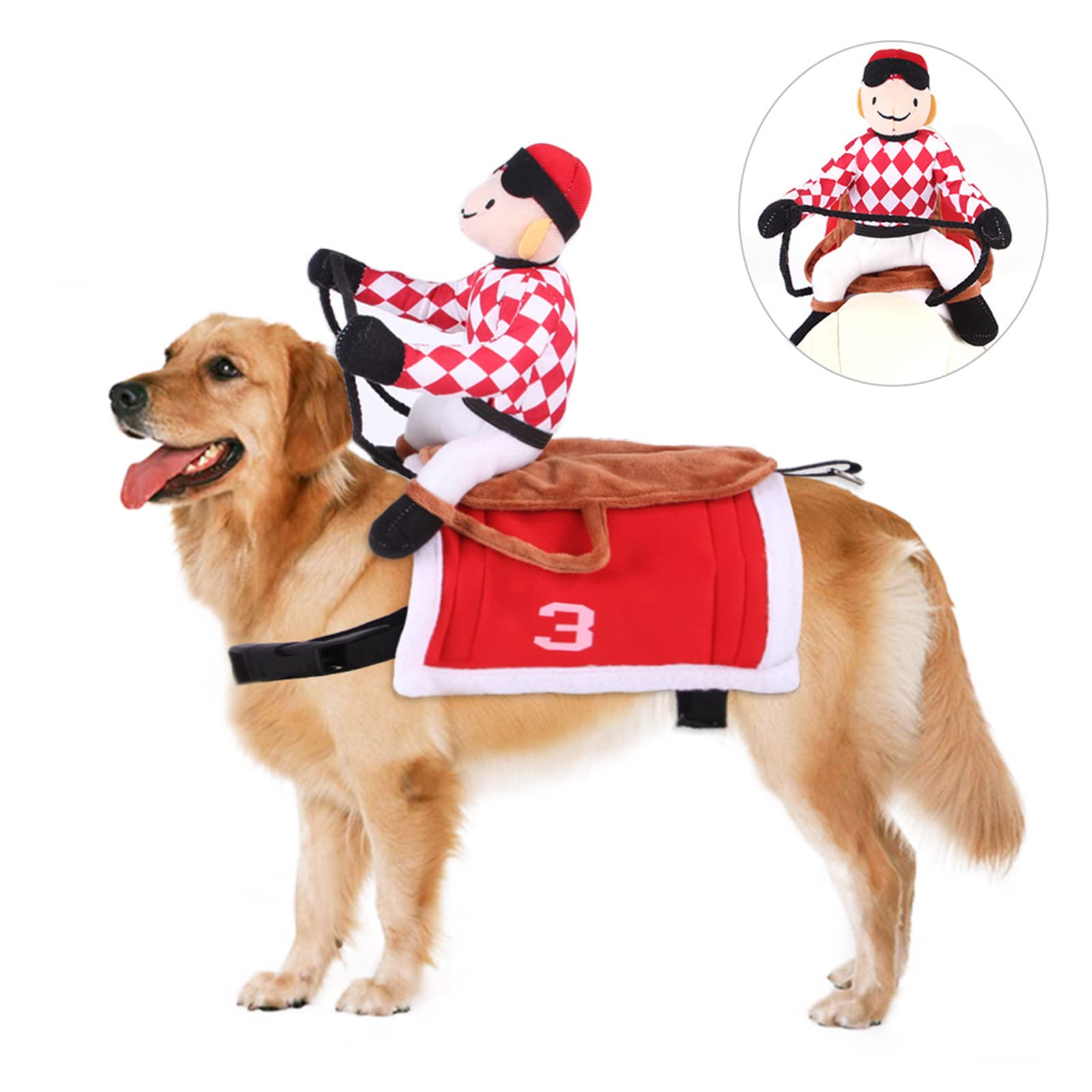 Teahutty Halloween Jockey Saddle Dog Horse Costume, Dog Christmas Costume, Funny Pets Party Cosplay Apparel Dog Riders Clothing, red
