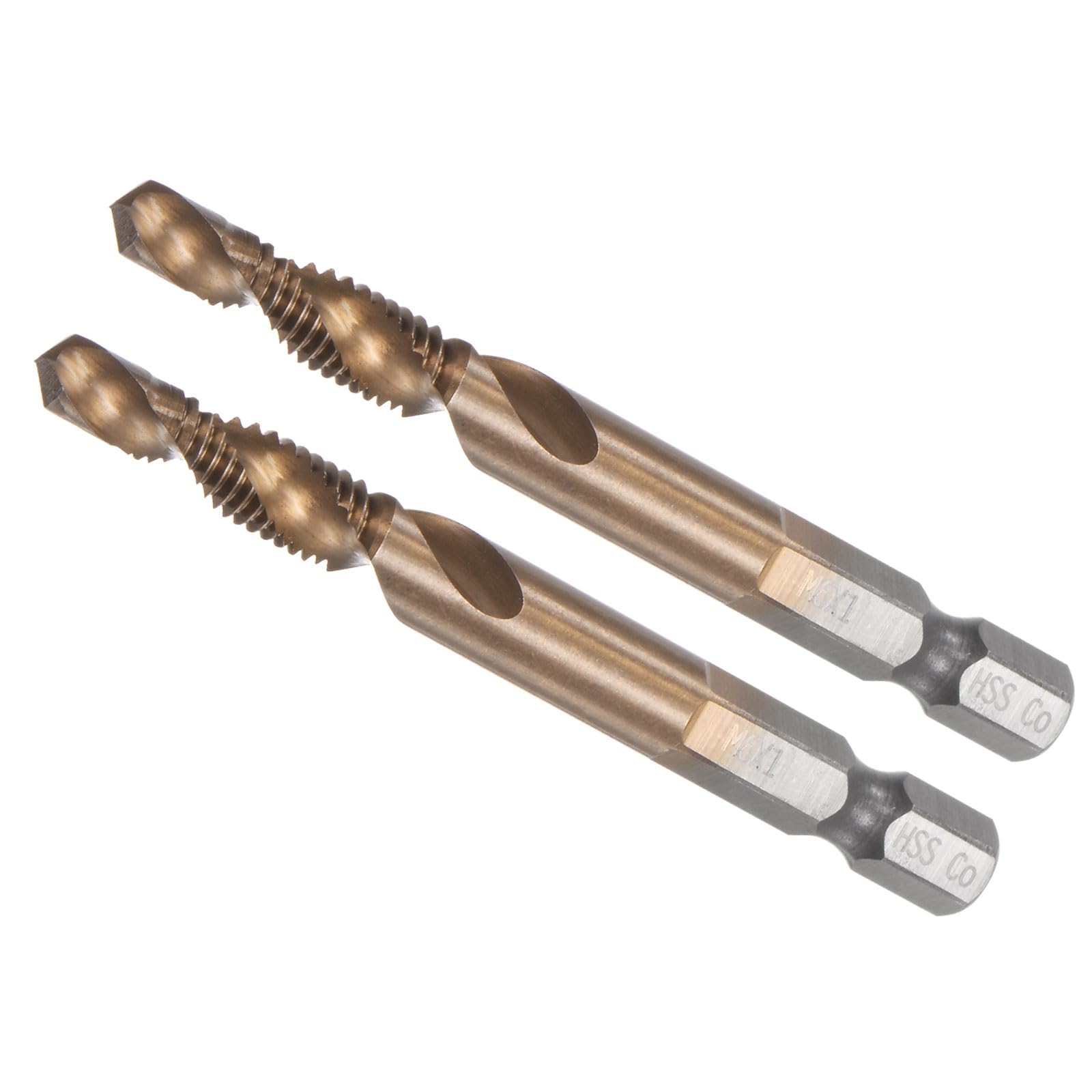 CoCud Combination Drill and Tap Bit, M6 x 1 Thread Size 1/4" Hex Shank, Uncoated M35 Cobalt High Speed Steel Tools - (Applications: for Aluminum Stainless Steel Plastic), 2-Pieces