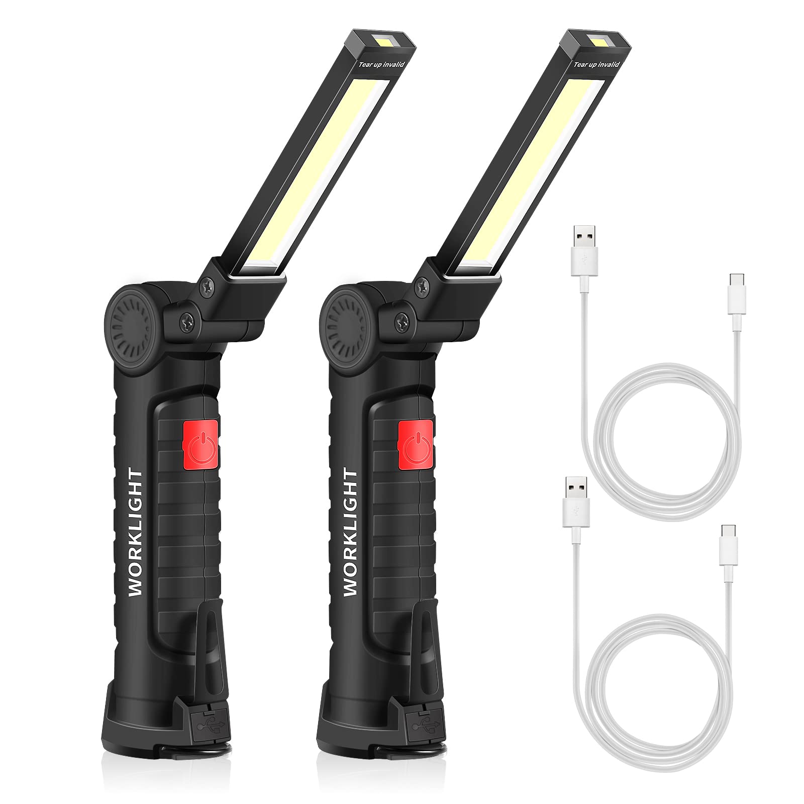 ONEVER Rechargeable Work Light, LED Torch Portable Inspection Lamps 360° Rotate Flashlight with Magnetic Base and Hook 5 Modes Camping Light for Garage,Workshop (2 Pack, Small)