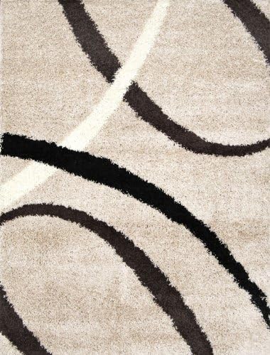Modern Shag Beige 3x5 Area Rug Swirls Shaggy Carpet - Actual 3' 3" x 4' 3"