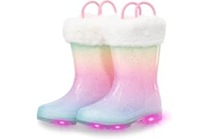 EUXTERPA Toddler Kids Light Up/Solid Color Rain Boots Waterproof Warm Fleece Lined Boots for Boys Girls Winter Snow Boots