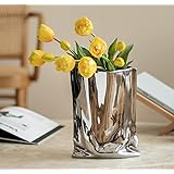 Silver Flower Vase, 9.2 Inch Tall Minimalist Ceramic Vase, Eclectic Flowerpot for Home Office Table Decor Housewarming Weddin