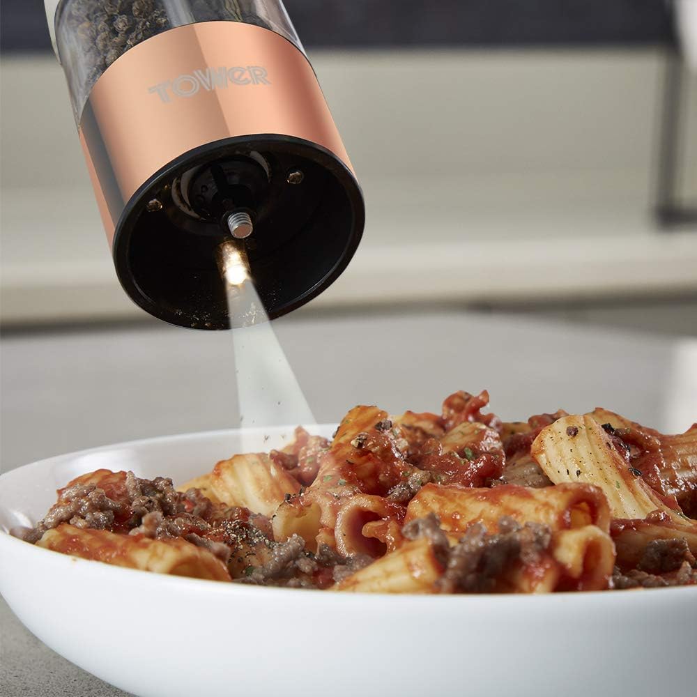 Tower Marble Rose Gold Electric Salt and Pepper Mill with LED Light, Battery-Operated Grinding Mechanism, White Marble and Rose Gold - Image 3