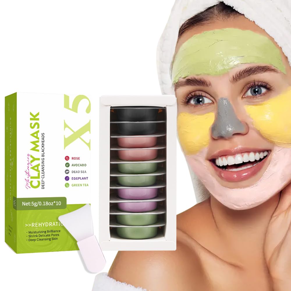 Photo 1 of 10 Pods Clay Mask Set - Avocado, Dead Sea, Rose, Green Tea, Eggplant | Deep Cleansing, Blackhead Removal, Exfoliating, Hydrating | For All Skin Types (Avocado, Dead Sea, Rose, Green Tea, Eggplant)