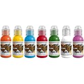 World Famous Tattoo Ink 7 Color Simple Set - Vegan, Color Tattoo Ink Set - Compact Bottles Safe for Convention Travel - Made in America - Professional Midtone Shades (7 Pieces, 0.5 oz Each)