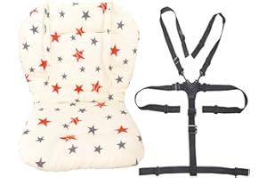 Twoworld Baby High Chair Seat Cushion Liner Mat Pad Cover and High Chair Straps (5 Point Harness) 1 Suit (Stars)