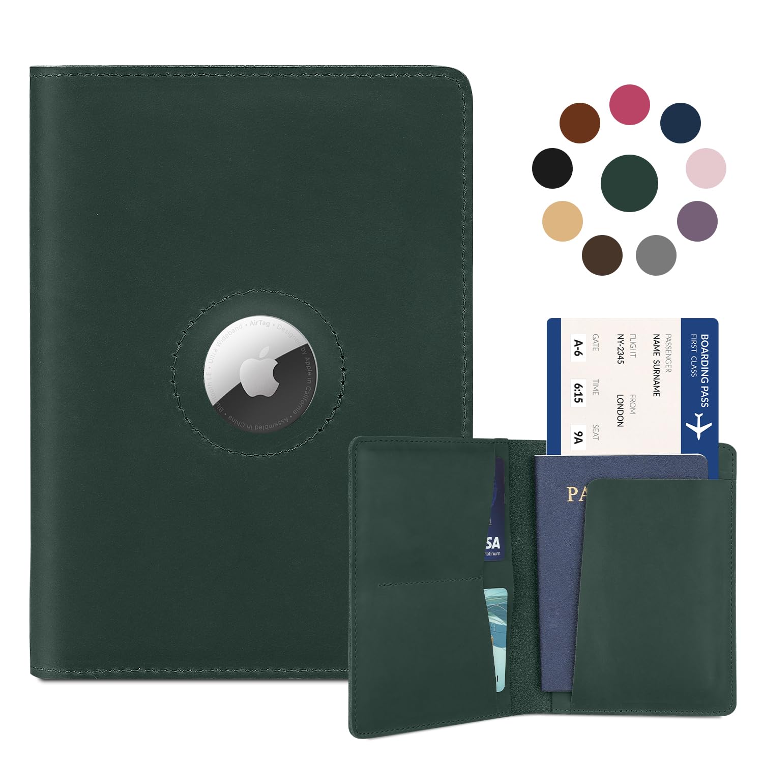 Photo 1 of Airtag Passport Holder for Men Women Travel, Real Leather Passport Wallet, Handmade Passport Cover Case with Airtag Slot, Travel Must Haves Essentials Accessories Birthday Gifts (Crazy Horse, Green)