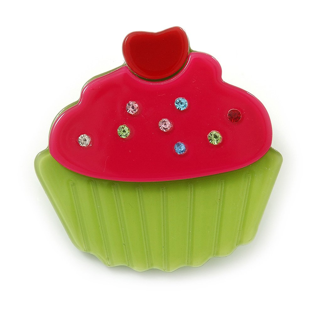 Magenta/Lime Green Austrian Crystal Acrylic 'Cupcake' Pin Brooch - 40mm Across