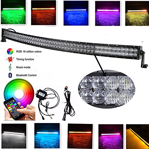 IOV LIGHT 288w 50 Inch Curved 5D RGB Light Bar 16 Million Colors Changing by Bluetooth APP 96PCS 3w Cree Led Chips RGB Strobe Fog Light Bar for Offroad Jeep Wrangler JK Bumper Free Wire Harness