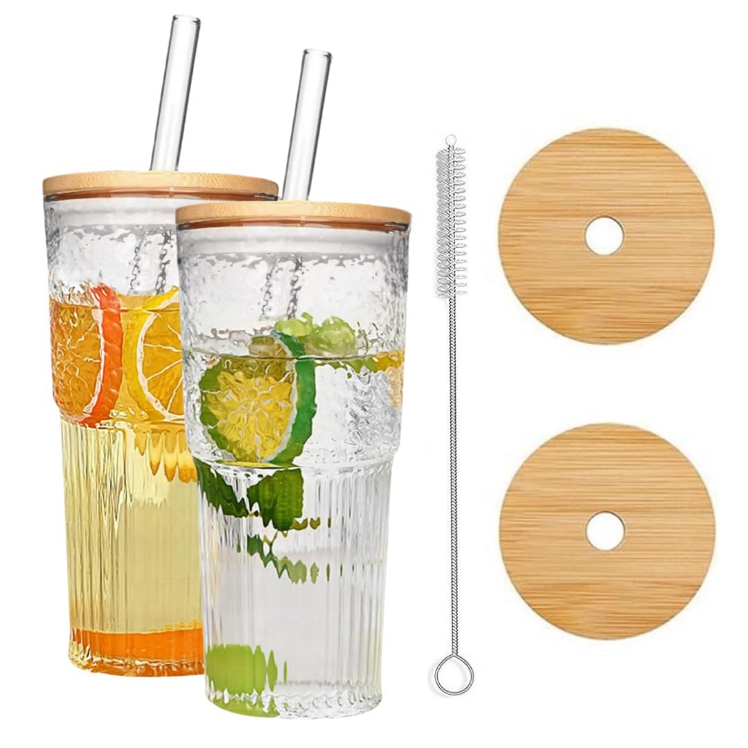 MEETOZ 2 Set 650ml Finew Glass Cups with Bamboo Lids and Glass Straws,Reusable Can Shaped Glass Cups Set,for Smoothies, Beer, Cola, Juice, Soda