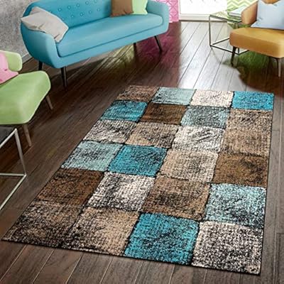 Amazon Com Area Rug For Living Room In Brown Cream Turquoise Checked Modern Style Good Value Size 5 3 X 7 3 Kitchen Dining