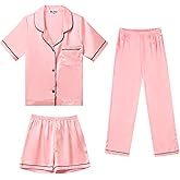 Jxstar Satin Pajamas Set Girls Boys, Silk Button-Down PJS 3 pcs Kids Solid Lounge Sets Sleepwear
