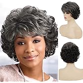 Sallcks Short Curly Grey Wigs for Women Soft Synthetic Heat Resistant Hair Replacement Full Wigs for Daily Party Use (Ombre Grey)