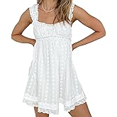 Women's Babydoll Mini Dress Floral Embroidery Summer Sleeveless Loose A Line Flowy Short Sundress for Beach Club Party
