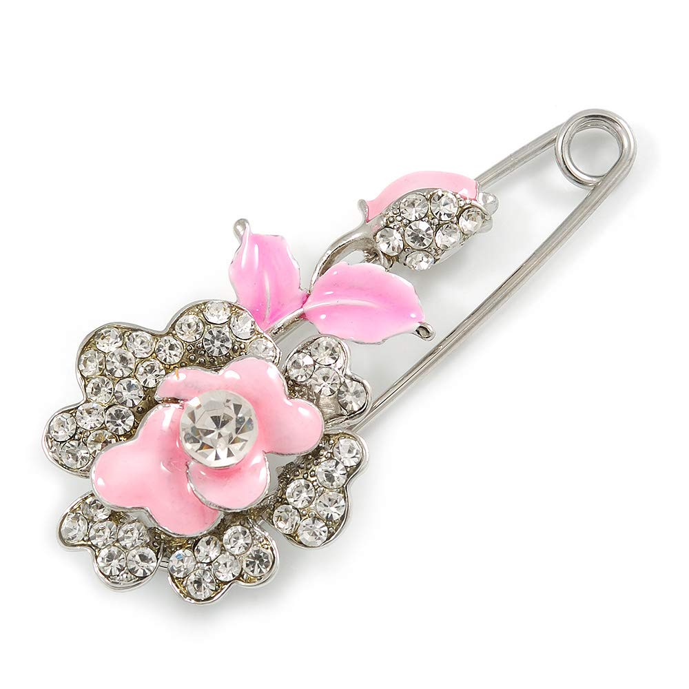Avalaya Safety Pin Brooch with Crystal Pink Rose Motif in Silver Tone/ 70mm Long