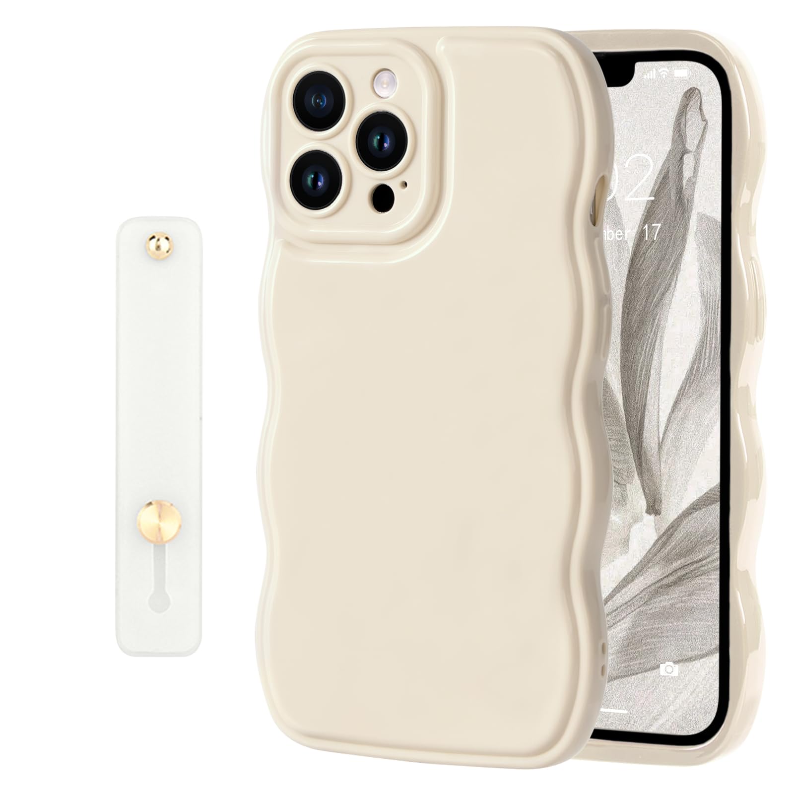 NITITOP Compatible with iPhone 14 Pro Max Case Cute Simple Wave Design Stylish Wavy Curly Frame with Wrist Adjustable Hand Strap Kickstand Grip Holder Soft Silicone Protective Cover - White