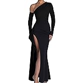 Memoriesea Women's One Shoulder Long Sleeve Sexy High Slit Wedding Guest Party Maxi Dress
