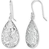 Sterling Silver Tear Drop Dangle Filigree Earrings for Women – boho and Chic Pear Shape Hook Earrings with Thin and Lightweight Hook