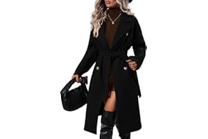 SAUKOLE Women's Trendy Lapel Collar Double Breasted Wool Blend Coats Winter Pea Overcoat Pocketed Outwear with Belt