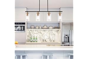 mavcadonf Kitchen Island Light, 4-Light Pendant Lighting, Farmhouse Industrial Dining Room Light Fixtures for Kitchen Island Dining Living Room, Matte Black Gold with Clear Glass Shade