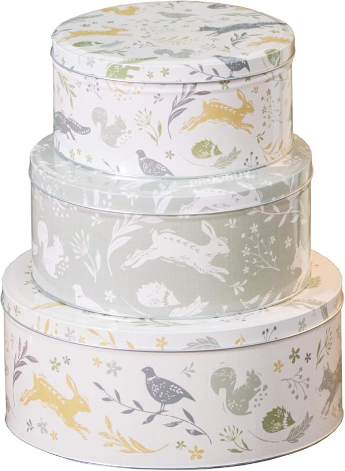 Set of 3 Round Nesting Cake Storage Tins Assorted Woodland Animals