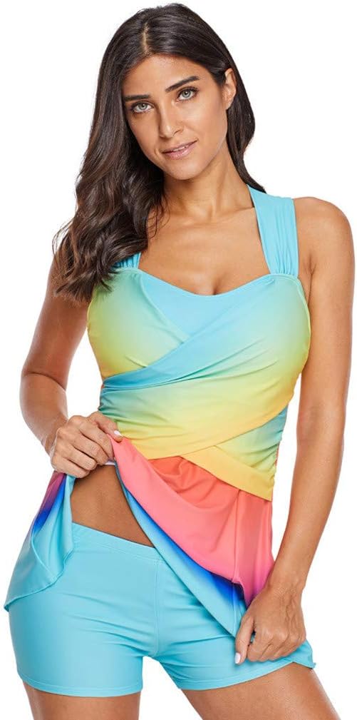 iNoDoZ Rainbow Tankini Bikini Set for Women Swim Dress Boy Shorts Swimsuit Padded Swimwear Plus Size