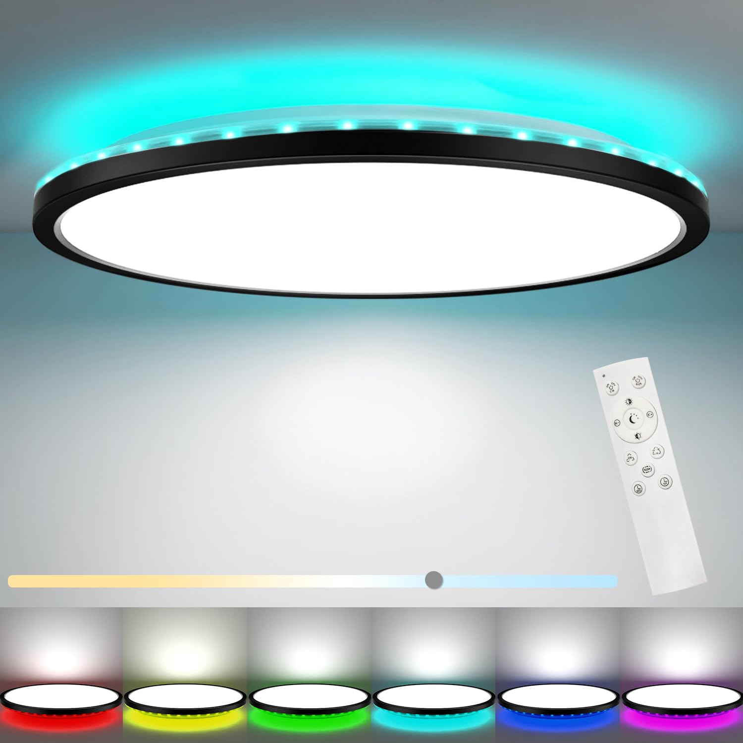 Peasur LED Ceiling Light 3000-6500K, 24W 3200LM Bathroom Light Dimmable with Remote Control, RGB Color Changing Backlight, Timer & Memory, Flush Round Black Lights for Bedroom Kitchen