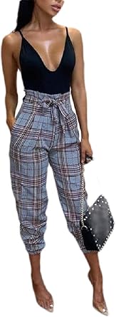 Calca Feminina Justa Da Cintura Ao Tornozelo Calca Feminina Abetteric Justa Com Cinto E Cintura Alta Xadrez No Tornozelo Light Blue Us X S China S Amazon Com Br