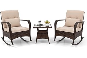 ORALNER 3 Pieces Patio Furniture Set, Outdoor Wicker Rocking Chairs with Cushions, Pillows, Glass Coffee Table, Rattan Bistro