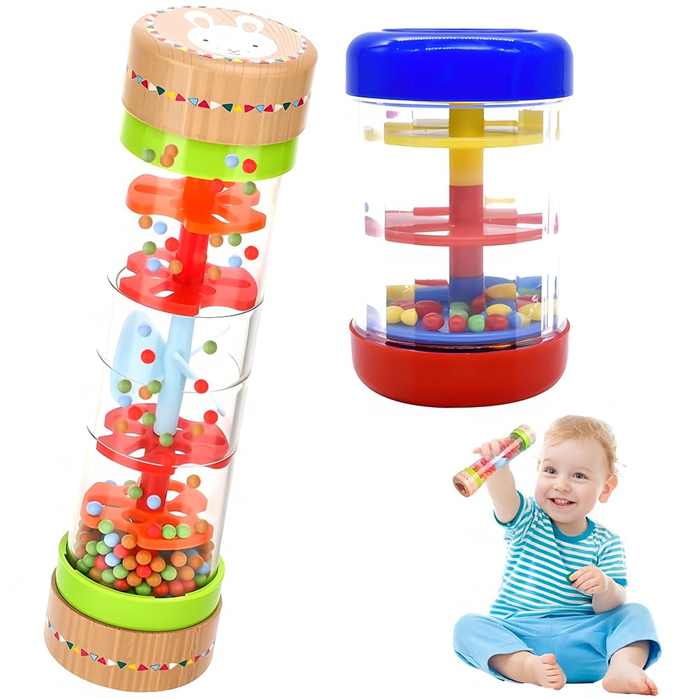 Rain Stick Musical Toy, 2 Pack Wooden Rainmaker Baby Rattle Toy, Montessori Toys for Babies 6-12 Months Rain Stick Toy with Soothing Rain Sounds