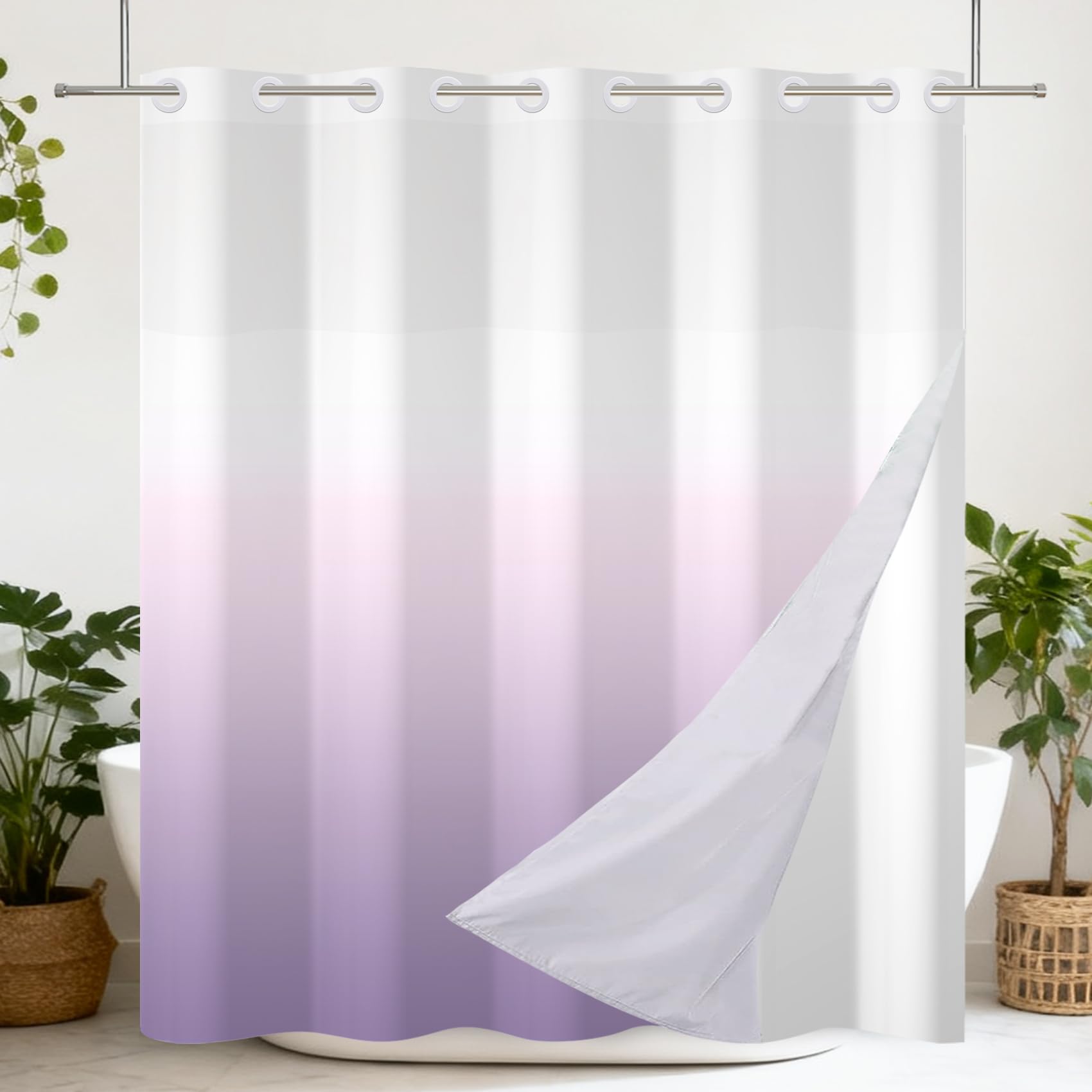 Ttincceer No Hook Shower Curtain Lilac Bathroom Curtain Ombre Paled to Purple Modern Double Layer Shower Curtain with Snap in Liner Waterproof Bathtub Curtain 180x188cm