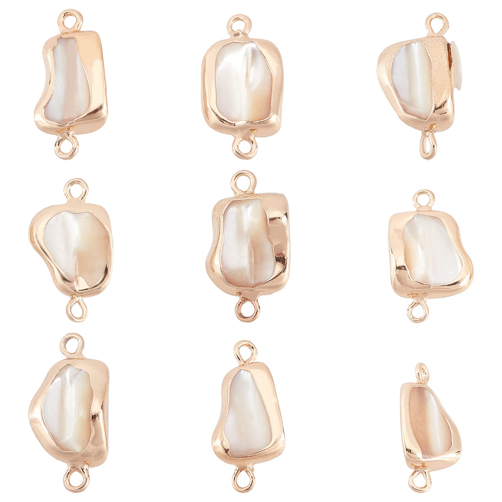SUPERFINDINGS 9 Pcs Natural Pearl Links Connector Nuggets Stone Connectors Shell Pendant Connectors with Wrapped Gold Edge for Jewelry Making, Hole: 2mm