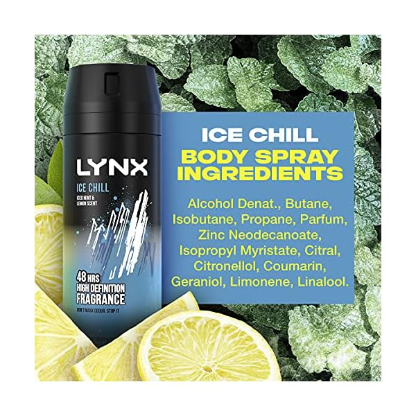 Lynx-Ice-Chill-Body-Spray-Deodorant-150-ml Lynx Ice Chill 48 hours of odour-busting zinc tech Aerosol Bodyspray iced mint & lemon deodorant for Men 150 ml Pack of…