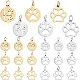 AHANDMAKER 24pcs Dog Paw Print Charms Flat Round Stainless Steel Puppy Pet Footprints Pendants with Jump Ring Cute Love Words Bone Connector Charms for DIY Bracelet Earrings Necklace Jewelry Making