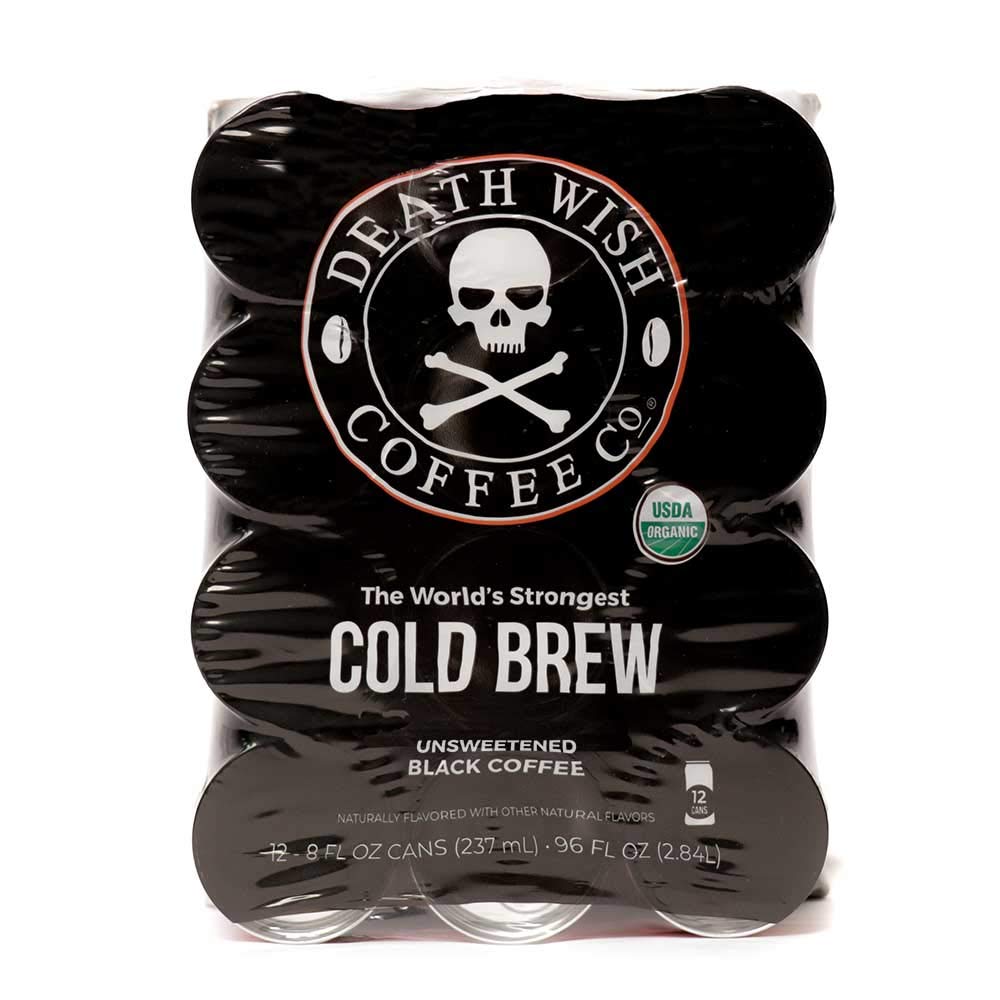 DEATH WISH COFFEE Canned Organic Iced Cold Brew, Unsweetened Black [8 fl oz | 12 pack | 300mg of Caffeine] The World's Strongest, Dairy Free, Low Carb, Keto Friendly Energy Drink: Grocery & Gourmet Food