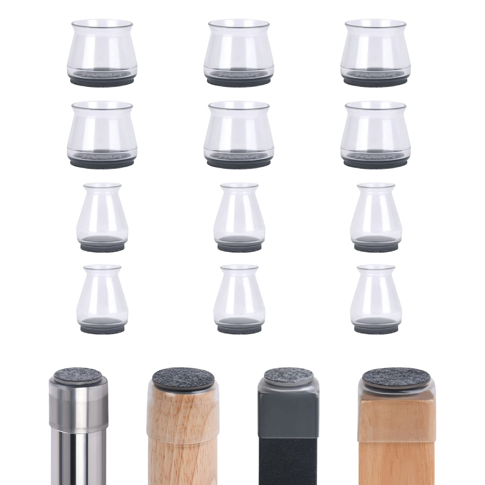 OSDUE Silicone Chair Leg Caps，12 pcs Silicone Chair Leg Protectors with Felt Pads，Stool Leg Protection Caps for Protecting Floors from Scratches（1.5-2.5cm & 3-3.5cm）