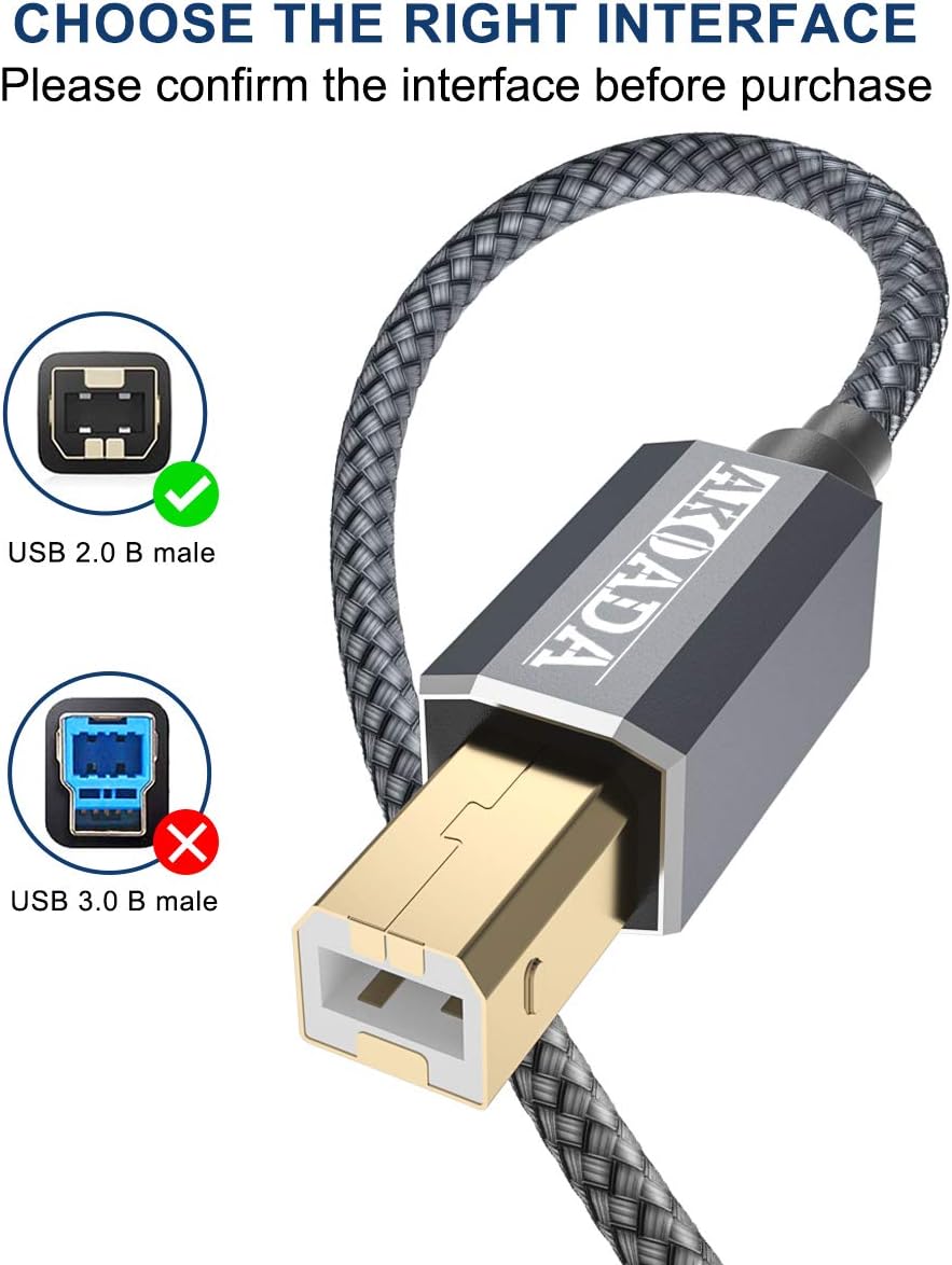 USB 2.0 Printer Cable 6.6ft，Akoada USB Type A Male to B Male Printer Scanner Cord High Speed Compatible with HP, Canon, Dell, Epson, Lexmark, Xerox, Samsung and More: Industrial & Scientific