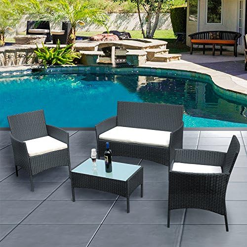 Feifeiyo 1x Rattan Garden Furniture Sets Patio Set 4 Seater Outdoor Conservatory Sofa Armchair Coffee Table,4 Pieces Garden Furniture (TYPE C Black)
