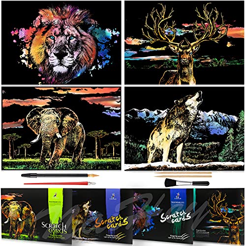 NaiHey Scratch Art Rainbow Painting Paper Animal 16” x 11.2”, DIY Crafts Womens Hobbies Engraving Art Scratchboard for Adults & Boy, Birthday Gift Set: 4 Sheets (Lion/Elephant/Deer/Wolf)